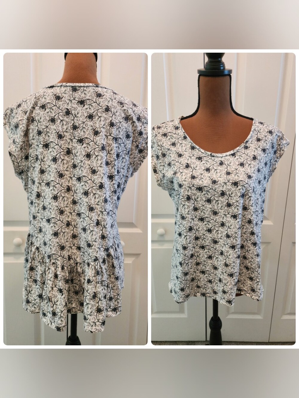 Cottagecore Floral Scoop Neck Cap-Sleeve Ruffle Back Hi- Lo Hem Tee Blue & White